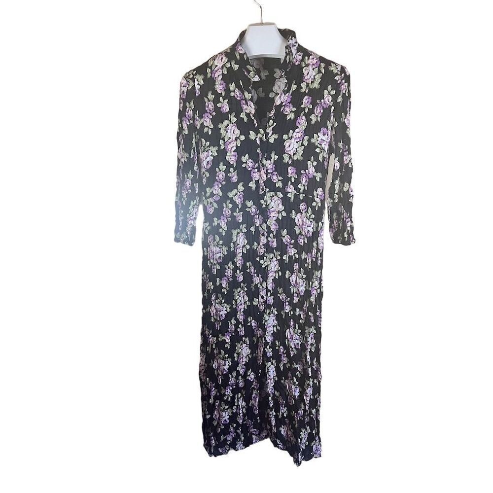 Zara Women's 2XL Floral Print Midi Shirt Dress Black Cottagecore With Pockets